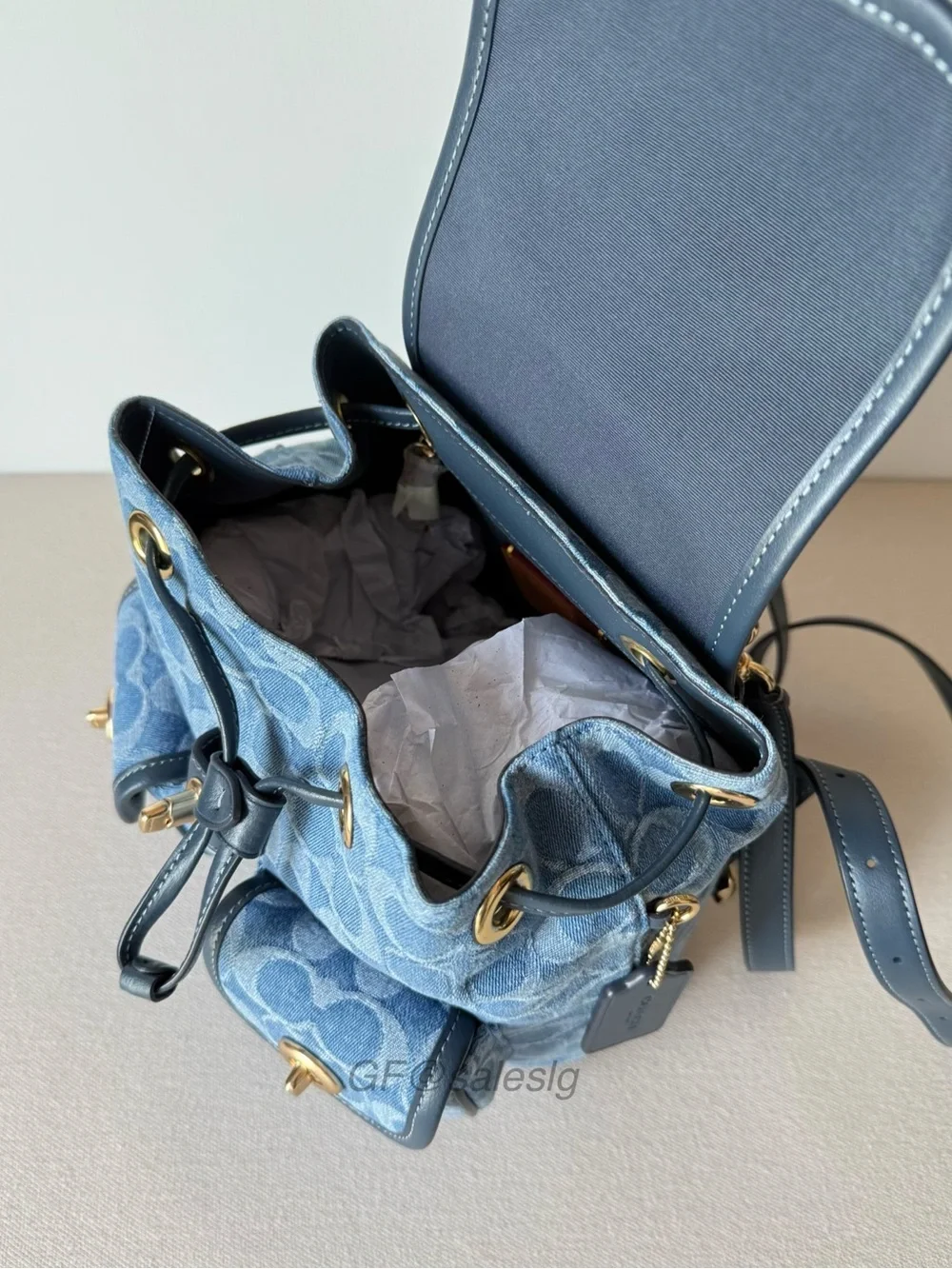 NWT Coach Hadley Backpack Signature Denim Blue Leather Gold Turnlock CDB95